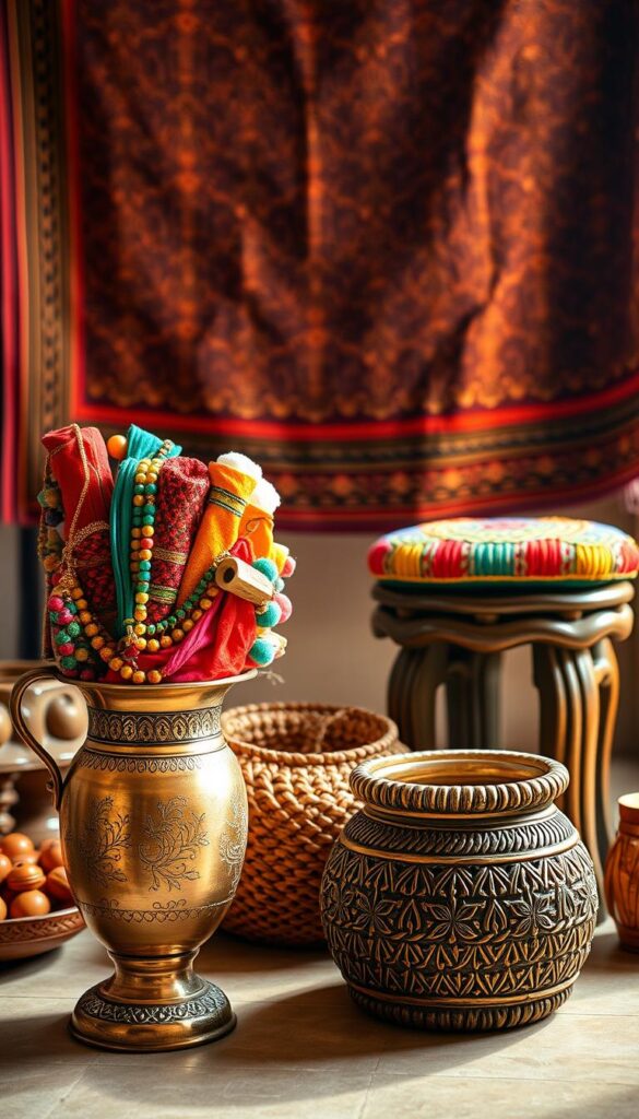 A vibrant still life arrangement of traditional Indian decorative crafts, bathed in warm, diffused lighting. In the foreground, an ornate brass vase with intricate engraved patterns, filled with an array of colorful textiles, beaded jewelry, and delicate handmade ceramic pieces. The middle ground features a carved wooden stool with a vibrant woven cushion, alongside a cluster of woven baskets in earthy tones. In the background, a richly patterned tapestry or textile hangs, casting a soft, textured glow over the scene. The overall mood is one of artisanal elegance, highlighting the skilled craftsmanship and vibrant palette of Indian design.