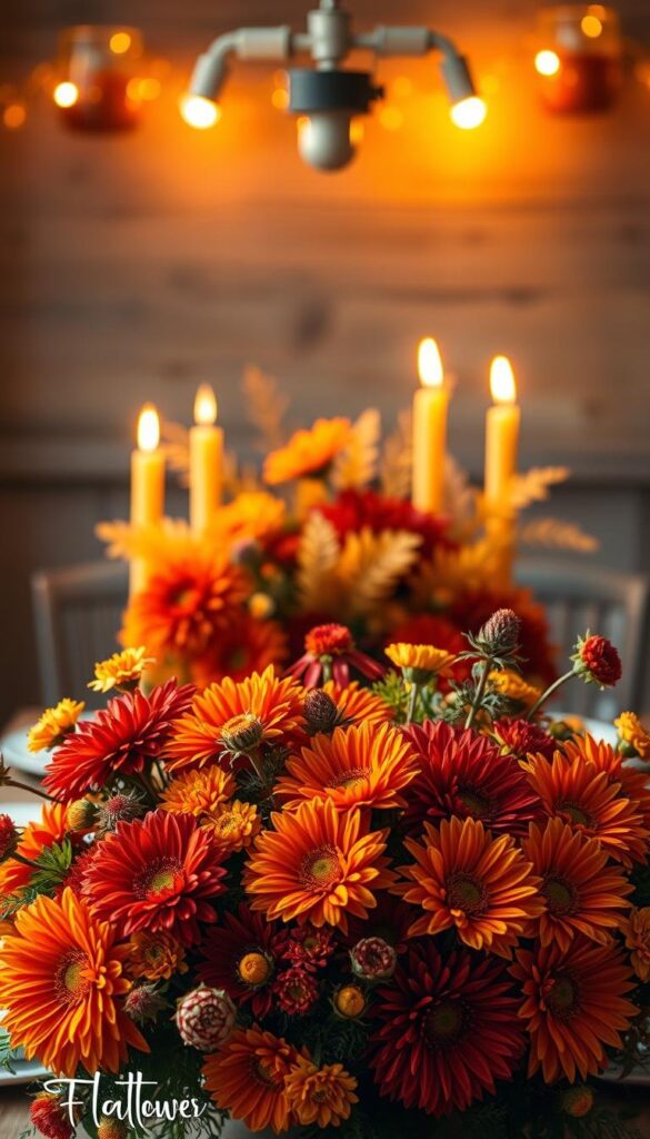A vibrant still life of fall flower centerpieces, softly lit from above with warm, ambient lighting. In the foreground, a lush arrangement of seasonal blooms - chrysanthemums, dahlias, and marigolds in fiery autumnal hues. The middle ground features a mix of candles and golden foliage, creating a cozy, inviting atmosphere. In the background, a rustic wooden surface or table adds natural texture, complementing the organic nature of the floral display. The overall composition exudes a sense of harvest abundance and celebrates the beauty of nature during the transitional fall season. A vibrant still life of fall flower centerpieces, softly lit from above with warm, ambient lighting. In the foreground, a lush arrangement of seasonal blooms - chrysanthemums, dahlias, and marigolds in fiery autumnal hues. The middle ground features a mix of candles and golden foliage, creating a cozy, inviting atmosphere. In the background, a rustic wooden surface or table adds natural texture, complementing the organic nature of the floral display. The overall composition exudes a sense of harvest abundance and celebrates the beauty of nature during the transitional fall season.