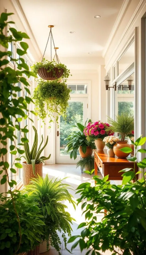 A vibrant summer hallway, sunlight streaming through large windows, illuminating a welcoming entryway. In the foreground, a collection of lush, thriving potted plants in various sizes and shades of green, their leaves gently swaying. Trailing vines cascade from hanging baskets, adding a touch of natural elegance. The middle ground features a polished wooden console table, topped with an artfully arranged display of seasonal blooms in vibrant hues. The background showcases crisp white walls, accentuated by warm, golden hues from the recessed lighting fixtures. The overall atmosphere exudes a sense of tranquility and rejuvenation, inviting visitors to pause and appreciate the harmonious integration of nature and refined design.