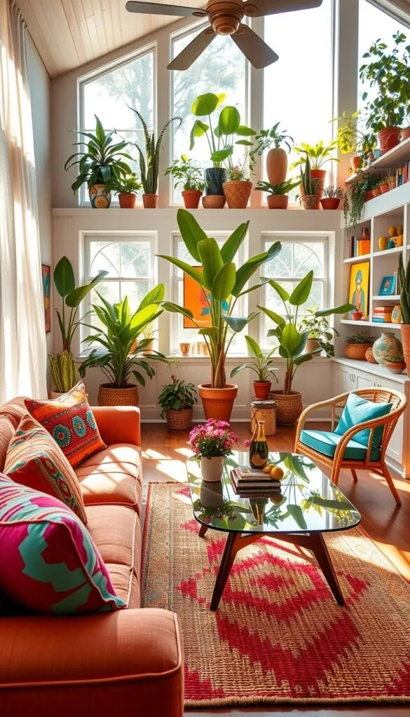 A vibrant summer home filled with cheerful decor. In the foreground, a plush, colorful sofa adorned with patterned throw pillows in shades of fuschia, tangerine, and turquoise. A mid-century modern coffee table with a glass top reflects the sunlight streaming through large windows, framed by sheer, breezy curtains. The middle ground features a woven area rug in a bold, geometric design, complemented by a pair of rattan armchairs. The background showcases built-in bookshelves bursting with lush potted plants and colorful art pieces. Natural light floods the space, casting a warm, golden glow and creating an inviting, energetic atmosphere. The overall feel is one of playful sophistication and a celebration of summertime joy.