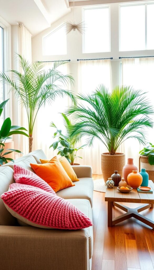 A vibrant summer living room with lush greenery and vibrant color accents. The foreground features a muted pastel sofa and plush textured throw pillows in shades of pink, orange, and yellow. The middle ground showcases a large potted palm tree and an assortment of colorful vases and ceramics on a wooden coffee table. The background depicts a sun-drenched room with tall windows, warm hardwood floors, and airy white curtains. The lighting is natural and diffused, creating a soft, inviting atmosphere. The overall composition evokes a sense of relaxation and summer bliss. A vibrant summer living room with lush greenery and vibrant color accents. The foreground features a muted pastel sofa and plush textured throw pillows in shades of pink, orange, and yellow. The middle ground showcases a large potted palm tree and an assortment of colorful vases and ceramics on a wooden coffee table. The background depicts a sun-drenched room with tall windows, warm hardwood floors, and airy white curtains. The lighting is natural and diffused, creating a soft, inviting atmosphere. The overall composition evokes a sense of relaxation and summer bliss.