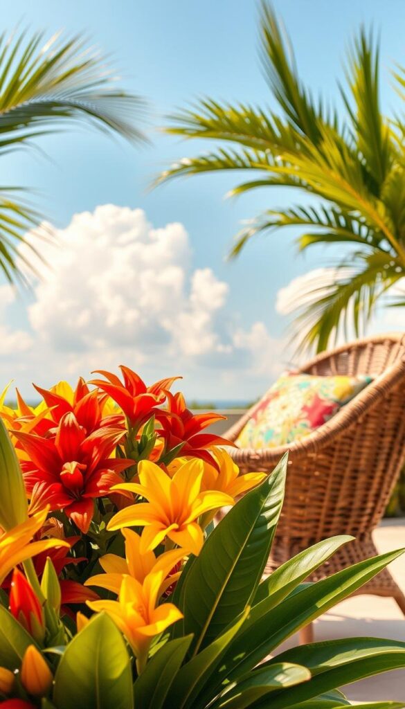 A vibrant, sun-drenched scene showcasing the quintessential colors of summer. In the foreground, a lush arrangement of tropical flowers in a spectrum of warm hues - fiery reds, golden yellows, and lush greens. The middle ground features a wicker chair draped in a colorful, patterned cushion, inviting the viewer to bask in the summer atmosphere. In the background, a hazy blue sky with fluffy white clouds creates a sense of tranquility and escape. The lighting is soft and diffused, casting a golden glow over the entire scene, evoking the feeling of a lazy summer afternoon. The overall composition is balanced and harmonious, capturing the essence of summer in a visually compelling way. A vibrant, sun-drenched scene showcasing the quintessential colors of summer. In the foreground, a lush arrangement of tropical flowers in a spectrum of warm hues - fiery reds, golden yellows, and lush greens. The middle ground features a wicker chair draped in a colorful, patterned cushion, inviting the viewer to bask in the summer atmosphere. In the background, a hazy blue sky with fluffy white clouds creates a sense of tranquility and escape. The lighting is soft and diffused, casting a golden glow over the entire scene, evoking the feeling of a lazy summer afternoon. The overall composition is balanced and harmonious, capturing the essence of summer in a visually compelling way.