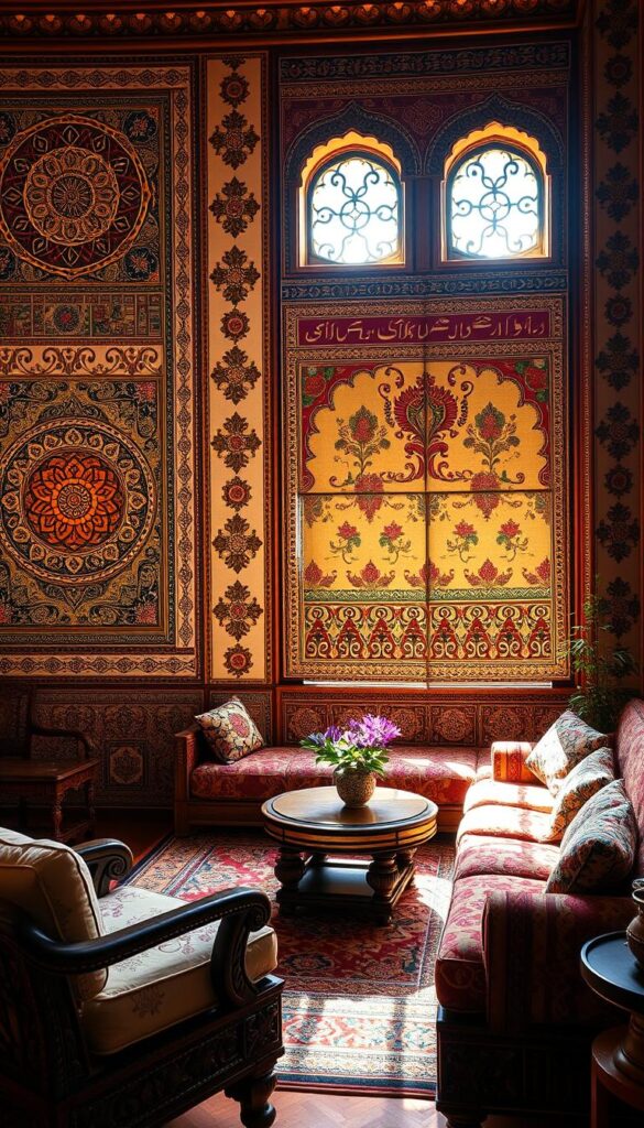 A vibrant tapestry of intricate patterns and rich cultural motifs, showcasing the diverse ethnic design traditions that have evolved across the globe. An elegant living room scene, bathed in warm, natural lighting that accentuates the ornate textiles, carved wooden furnishings, and hand-painted ceramics. Intricate mandalas, paisley swirls, and geometric tile designs adorn the walls, while plush, jewel-toned upholstery and delicate metallic accents create a harmonious, inviting ambiance. The space exudes a sense of timeless elegance, seamlessly blending traditional craftsmanship with modern sensibilities.
