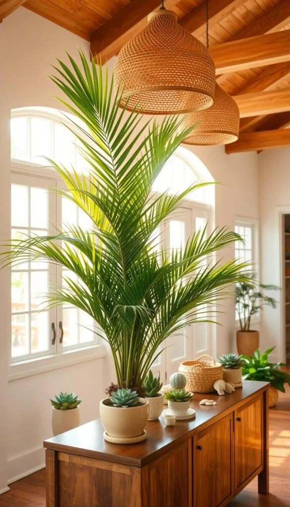 A vibrant tropical foyer, bathed in warm, golden light streaming through large windows. In the foreground, a lush potted palm tree stands tall, its fronds gently swaying. On a polished wooden console table, an assortment of potted succulents, a woven basket, and a few decorative seashells create a natural, beachy vibe. The mid-ground features a rattan pendant light fixture, casting a soft, ambient glow. The background showcases whitewashed walls, complemented by natural wood accents and a stunning beamed ceiling, evoking a sun-drenched Caribbean atmosphere. The overall scene exudes a sense of welcoming, effortless summer charm.