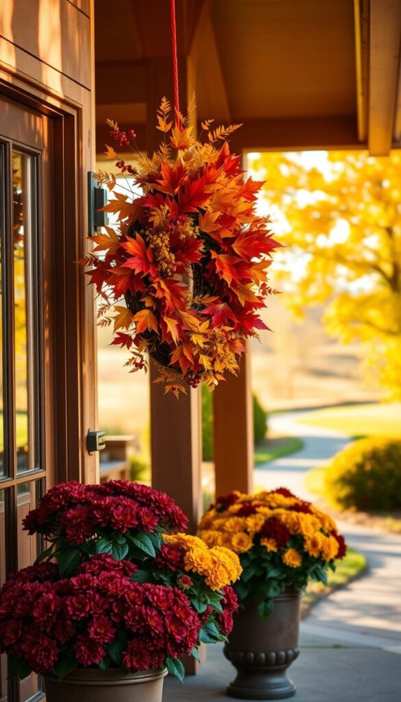 A vibrant wreath adorns the front door, crafted from an array of autumn foliage - crisp red and orange maple leaves, golden-hued ginkgo, and clusters of seasonal berries. The wreath is framed by a cozy porch, its wooden beams and columns bathed in warm, golden afternoon light. Potted mums in shades of burgundy and sunshine yellow flank the entrance, their petals gently swaying in a gentle breeze. In the background, a lush, autumnal landscape comes into view, with trees in full seasonal splendor and a hint of a winding path leading away from the scene. The overall atmosphere evokes a sense of harvest-time celebration and the comforting embrace of the changing seasons. A vibrant wreath adorns the front door, crafted from an array of autumn foliage - crisp red and orange maple leaves, golden-hued ginkgo, and clusters of seasonal berries. The wreath is framed by a cozy porch, its wooden beams and columns bathed in warm, golden afternoon light. Potted mums in shades of burgundy and sunshine yellow flank the entrance, their petals gently swaying in a gentle breeze. In the background, a lush, autumnal landscape comes into view, with trees in full seasonal splendor and a hint of a winding path leading away from the scene. The overall atmosphere evokes a sense of harvest-time celebration and the comforting embrace of the changing seasons.