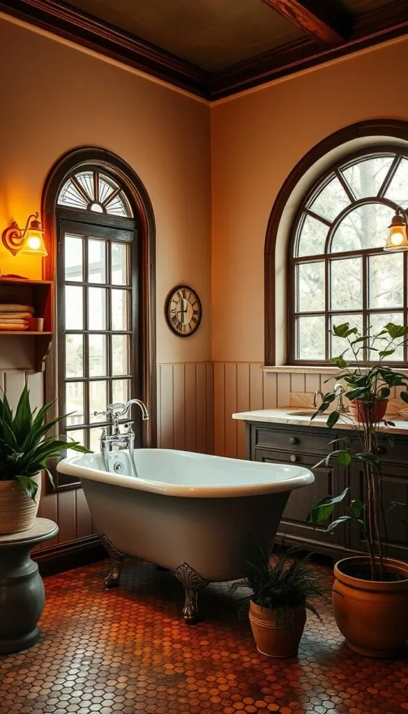 A vintage bathroom with a modern twist, captured in a warm, golden glow. The room features a claw-foot tub with gleaming chrome fixtures, complemented by rustic wooden shelves and a vanity with a marble countertop. Soft, diffused lighting from brass sconces casts a cozy, intimate atmosphere, while a large, arched window allows natural light to filter in, creating a balance of old and new. The floor is adorned with intricate, hexagonal tiles, adding a touch of timeless elegance. Lush, verdant plants in ceramic pots complete the scene, bringing a natural, Scandinavian flair to the space. A vintage bathroom with a modern twist, captured in a warm, golden glow. The room features a claw-foot tub with gleaming chrome fixtures, complemented by rustic wooden shelves and a vanity with a marble countertop. Soft, diffused lighting from brass sconces casts a cozy, intimate atmosphere, while a large, arched window allows natural light to filter in, creating a balance of old and new. The floor is adorned with intricate, hexagonal tiles, adding a touch of timeless elegance. Lush, verdant plants in ceramic pots complete the scene, bringing a natural, Scandinavian flair to the space.