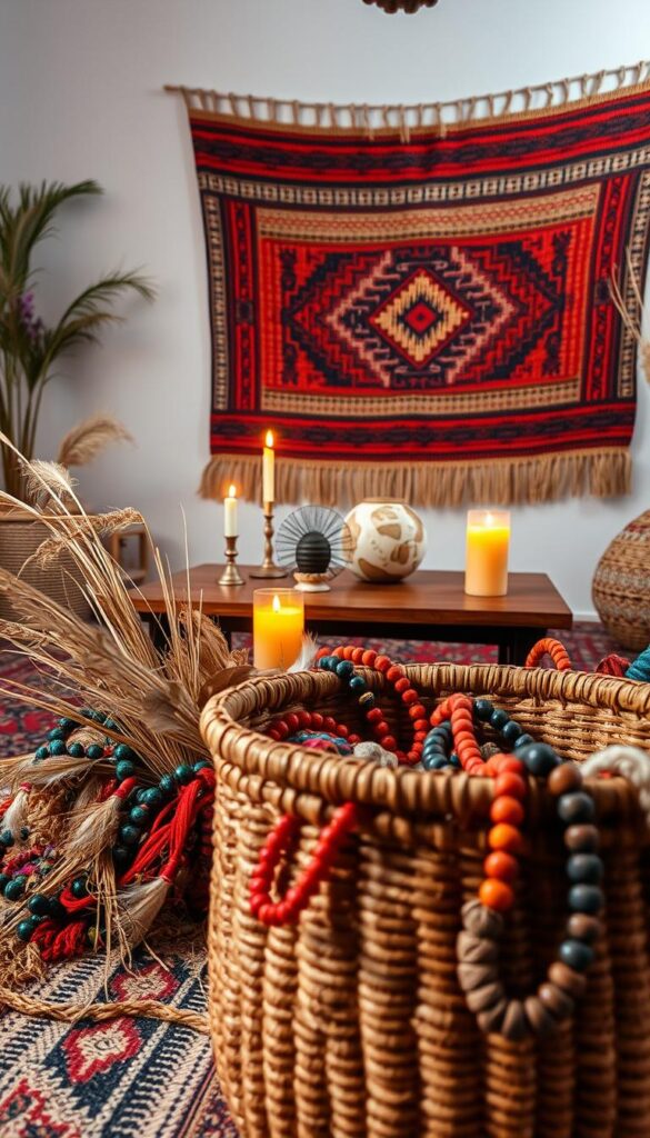 A vividly colorful and textured Afrohemian decor scene. In the foreground, an ornate hand-woven basket overflows with vibrant textiles, beaded jewelry, and natural elements like dried grasses and feathers. The middle ground features a low wooden table topped with an abstract ceramic vase, an intricately patterned rug, and strategically placed candles casting a warm, earthy glow. In the background, a wall adorned with a large woven tapestry in rich hues and tribal motifs. Soft, diffused lighting illuminates the entire setting, evoking a cozy, lived-in ambiance. The overall atmosphere is one of cultural richness, artisanal craftsmanship, and effortless bohemian elegance. A vividly colorful and textured Afrohemian decor scene. In the foreground, an ornate hand-woven basket overflows with vibrant textiles, beaded jewelry, and natural elements like dried grasses and feathers. The middle ground features a low wooden table topped with an abstract ceramic vase, an intricately patterned rug, and strategically placed candles casting a warm, earthy glow. In the background, a wall adorned with a large woven tapestry in rich hues and tribal motifs. Soft, diffused lighting illuminates the entire setting, evoking a cozy, lived-in ambiance. The overall atmosphere is one of cultural richness, artisanal craftsmanship, and effortless bohemian elegance.