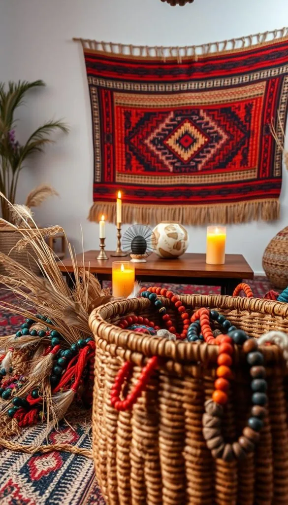 A vividly colorful and textured Afrohemian decor scene. In the foreground, an ornate hand-woven basket overflows with vibrant textiles, beaded jewelry, and natural elements like dried grasses and feathers. The middle ground features a low wooden table topped with an abstract ceramic vase, an intricately patterned rug, and strategically placed candles casting a warm, earthy glow. In the background, a wall adorned with a large woven tapestry in rich hues and tribal motifs. Soft, diffused lighting illuminates the entire setting, evoking a cozy, lived-in ambiance. The overall atmosphere is one of cultural richness, artisanal craftsmanship, and effortless bohemian elegance.