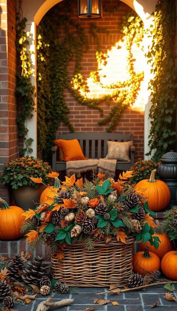 A warm and inviting fall entryway, bathed in soft golden light. In the foreground, a stunning arrangement of autumn leaves, pinecones, and seasonal florals spills out from a rustic wicker basket. Flanking the doorway, two large pumpkins in vibrant shades of orange and deep emerald foliage create a welcoming tableau. The middle ground features a wooden bench adorned with cozy textiles, inviting guests to pause and admire the scene. In the background, the entryway's brick facade is partially obscured by lush vines and trailing ivy, casting gentle shadows and imbuing the space with a sense of timeless charm. The overall atmosphere is one of harvest abundance and seasonal delight. A warm and inviting fall entryway, bathed in soft golden light. In the foreground, a stunning arrangement of autumn leaves, pinecones, and seasonal florals spills out from a rustic wicker basket. Flanking the doorway, two large pumpkins in vibrant shades of orange and deep emerald foliage create a welcoming tableau. The middle ground features a wooden bench adorned with cozy textiles, inviting guests to pause and admire the scene. In the background, the entryway's brick facade is partially obscured by lush vines and trailing ivy, casting gentle shadows and imbuing the space with a sense of timeless charm. The overall atmosphere is one of harvest abundance and seasonal delight.