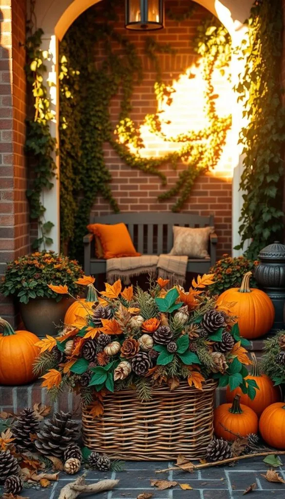 A warm and inviting fall entryway, bathed in soft golden light. In the foreground, a stunning arrangement of autumn leaves, pinecones, and seasonal florals spills out from a rustic wicker basket. Flanking the doorway, two large pumpkins in vibrant shades of orange and deep emerald foliage create a welcoming tableau. The middle ground features a wooden bench adorned with cozy textiles, inviting guests to pause and admire the scene. In the background, the entryway's brick facade is partially obscured by lush vines and trailing ivy, casting gentle shadows and imbuing the space with a sense of timeless charm. The overall atmosphere is one of harvest abundance and seasonal delight.