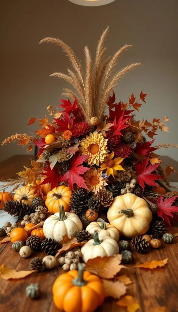 A warm, cozy autumn scene with a bountiful centerpiece arrangement on a rustic wooden table. In the foreground, a cornucopia of seasonal produce - gourds, pumpkins, pinecones, and dried florals spill out across the table's surface. The middle ground showcases an elegant, asymmetrical bouquet of fall foliage, including vibrant red and orange maple leaves, bronze chrysanthemums, and wispy ribbon grass. Soft, diffused lighting from overhead casts a gentle glow, highlighting the rich textures and earthy tones. The background features a neutral backdrop, allowing the centerpiece to take center stage and emanate the spirit of the autumn harvest.
