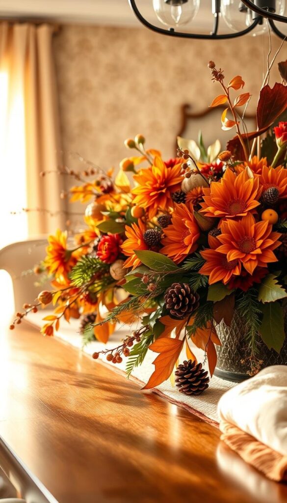 A warm, cozy fall dining room centerpiece, bathed in soft, golden light. In the foreground, a stunning arrangement of seasonal flowers - vibrant oranges, deep reds, and earthy browns, artfully intertwined. Crisp, fresh leaves and natural elements like pine cones and twigs add rustic charm. In the middle ground, the polished wooden table reflects the light, creating a sense of depth and elegance. The background features muted, autumnal wallpaper or textured neutrals, creating a serene, inviting atmosphere. The overall composition evokes a sense of effortless sophistication, perfect for a memorable fall gathering. A warm, cozy fall dining room centerpiece, bathed in soft, golden light. In the foreground, a stunning arrangement of seasonal flowers - vibrant oranges, deep reds, and earthy browns, artfully intertwined. Crisp, fresh leaves and natural elements like pine cones and twigs add rustic charm. In the middle ground, the polished wooden table reflects the light, creating a sense of depth and elegance. The background features muted, autumnal wallpaper or textured neutrals, creating a serene, inviting atmosphere. The overall composition evokes a sense of effortless sophistication, perfect for a memorable fall gathering.