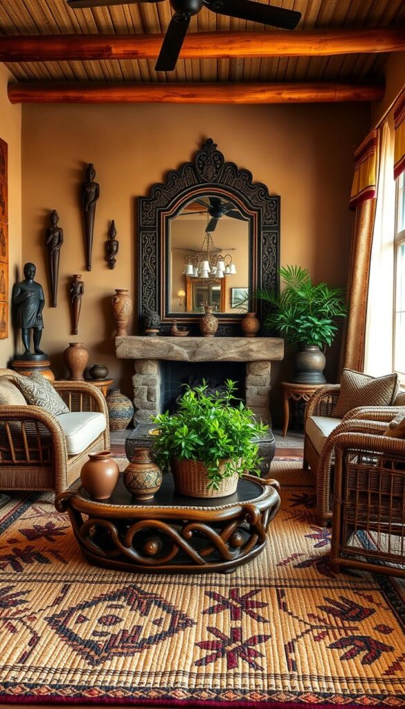 A warm, inviting African-inspired living room. The space is filled with earthy tones, rich textures, and vibrant patterns. In the foreground, a plush, hand-woven area rug covers the floor, its intricate tribal motifs anchoring the design. Surrounding it, a low, carved wooden coffee table is adorned with decorative clay pots and a woven basket overflowing with lush greenery. Against the back wall, a large, ornately framed mirror reflects the natural light streaming in through sheer, embroidered curtains. Rattan and wicker furnishings, including a comfortable sofa and armchair, create a cozy seating area. Accent pieces, such as carved wooden statues, beaded wall hangings, and a stone fireplace, add layers of cultural richness. The overall atmosphere is one of warmth, authenticity, and a celebration of African artistic heritage.