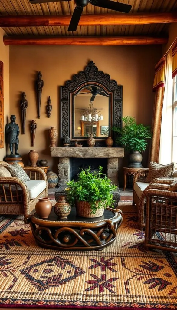 A warm, inviting African-inspired living room. The space is filled with earthy tones, rich textures, and vibrant patterns. In the foreground, a plush, hand-woven area rug covers the floor, its intricate tribal motifs anchoring the design. Surrounding it, a low, carved wooden coffee table is adorned with decorative clay pots and a woven basket overflowing with lush greenery. Against the back wall, a large, ornately framed mirror reflects the natural light streaming in through sheer, embroidered curtains. Rattan and wicker furnishings, including a comfortable sofa and armchair, create a cozy seating area. Accent pieces, such as carved wooden statues, beaded wall hangings, and a stone fireplace, add layers of cultural richness. The overall atmosphere is one of warmth, authenticity, and a celebration of African artistic heritage.