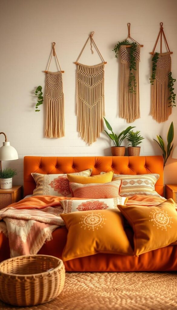 A warm, inviting boho-inspired bedroom with a vibrant, earthy color palette. The foreground features a plush, tufted headboard in a deep terracotta hue, flanked by nightstands with rattan accents. The middle ground showcases an assortment of patterned throw pillows in shades of mustard, ochre, and dusty rose, complemented by a woven area rug. The background depicts a whitewashed wall with macrame wall hangings and potted plants, creating a tranquil, serene atmosphere. The lighting is soft and diffused, casting a golden glow throughout the space. The overall scene evokes a cozy, relaxed ambiance, inspiring a sense of comfort and creativity.
