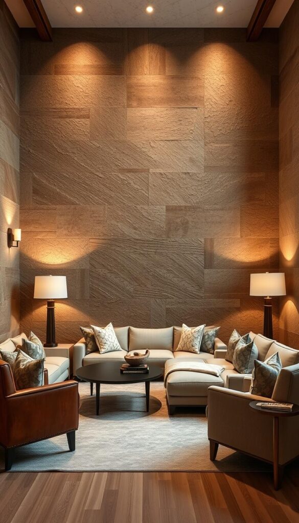 A warm, inviting living room with statement wall treatments that transform the space. Tactile, textured surfaces in earthy tones and natural materials like wood, stone, and plaster. Uneven, organic patterns create depth and character. Soft, diffused lighting from sconces and floor lamps casts a cozy glow. The walls are the focal point, drawing the eye and anchoring the room's design. Shadows and highlights accentuate the dimensional textures, creating a sense of depth and movement. An intimate, welcoming atmosphere that evokes a feeling of home. A warm, inviting living room with statement wall treatments that transform the space. Tactile, textured surfaces in earthy tones and natural materials like wood, stone, and plaster. Uneven, organic patterns create depth and character. Soft, diffused lighting from sconces and floor lamps casts a cozy glow. The walls are the focal point, drawing the eye and anchoring the room's design. Shadows and highlights accentuate the dimensional textures, creating a sense of depth and movement. An intimate, welcoming atmosphere that evokes a feeling of home.
