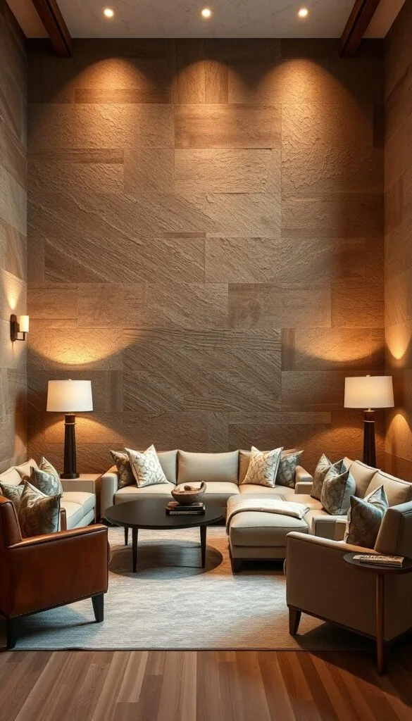 A warm, inviting living room with statement wall treatments that transform the space. Tactile, textured surfaces in earthy tones and natural materials like wood, stone, and plaster. Uneven, organic patterns create depth and character. Soft, diffused lighting from sconces and floor lamps casts a cozy glow. The walls are the focal point, drawing the eye and anchoring the room's design. Shadows and highlights accentuate the dimensional textures, creating a sense of depth and movement. An intimate, welcoming atmosphere that evokes a feeling of home.