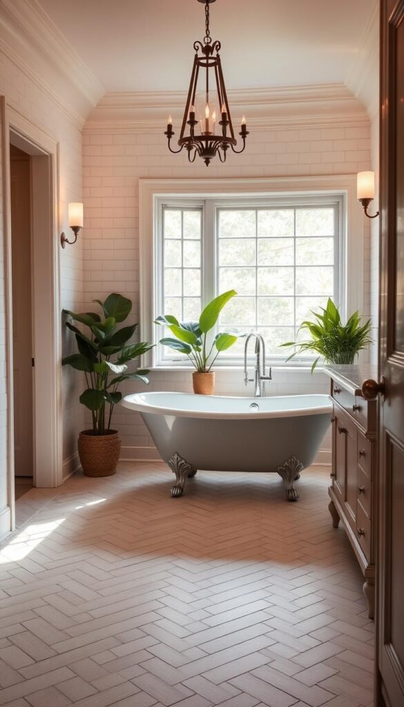 A warm, inviting small bathroom with a classic, timeless design. The foreground features a large, clawfoot bathtub with gleaming chrome fixtures, surrounded by white subway tiles and elegant bathroom vanity with a marble countertop. Soft, diffused lighting from wall sconces and a statement pendant fixture creates a serene, spa-like atmosphere. The middle ground showcases a vintage-inspired tile floor in a herringbone pattern, complementing the neutral color palette. In the background, a large window floods the space with natural light, framed by lush, green plants that add a touch of nature. The overall vibe is one of relaxation, sophistication, and a seamless blend of old-world charm and modern convenience. A warm, inviting small bathroom with a classic, timeless design. The foreground features a large, clawfoot bathtub with gleaming chrome fixtures, surrounded by white subway tiles and elegant bathroom vanity with a marble countertop. Soft, diffused lighting from wall sconces and a statement pendant fixture creates a serene, spa-like atmosphere. The middle ground showcases a vintage-inspired tile floor in a herringbone pattern, complementing the neutral color palette. In the background, a large window floods the space with natural light, framed by lush, green plants that add a touch of nature. The overall vibe is one of relaxation, sophistication, and a seamless blend of old-world charm and modern convenience.