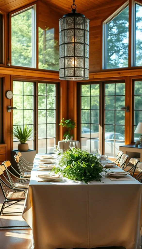 A warm, sun-drenched dining room, with a beautifully curated table setting. The table is adorned with a lush, verdant centerpiece, casting a gentle glow across the white linen tablecloth. Overhead, a modern, glass-paneled chandelier casts a soft, ambient light, creating a cozy and inviting atmosphere. The room is framed by large, floor-to-ceiling windows, allowing natural light to flood the space and cast a golden hue on the wood-paneled walls. A mix of contemporary and rustic elements, such as sleek metal accents and natural wood furnishings, create a harmonious and visually-striking scene. The overall mood is one of relaxation and effortless elegance, perfect for summer entertaining.