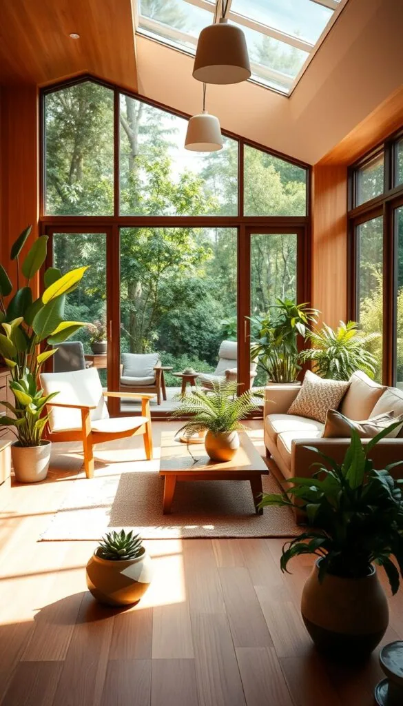 A warm-toned, mid-century modern living room flooded with natural light. In the foreground, sleek, wooden furniture pieces like a low-profile sofa and armchair, accented with lush, verdant indoor plants in ceramic pots. The middle ground features a wooden coffee table, complemented by a potted fern and a decorative succulent. In the background, large windows overlooking a verdant outdoor scene, creating a seamless transition between the interior and the natural world. Soft, diffused lighting from overhead fixtures casts a cozy, inviting glow throughout the space. The overall atmosphere is one of tranquility and harmony, blending the organic and the designed. A warm-toned, mid-century modern living room flooded with natural light. In the foreground, sleek, wooden furniture pieces like a low-profile sofa and armchair, accented with lush, verdant indoor plants in ceramic pots. The middle ground features a wooden coffee table, complemented by a potted fern and a decorative succulent. In the background, large windows overlooking a verdant outdoor scene, creating a seamless transition between the interior and the natural world. Soft, diffused lighting from overhead fixtures casts a cozy, inviting glow throughout the space. The overall atmosphere is one of tranquility and harmony, blending the organic and the designed.