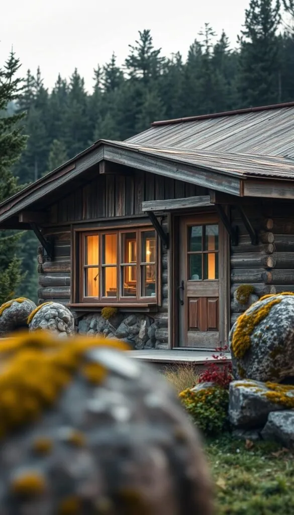 A weathered Scandinavian cabin nestled amidst a lush, serene landscape. The exterior features natural materials that have developed a beautiful patina over time - rough-hewn timber, moss-covered stones, and rusted metal accents. Warm, diffused lighting filters through the cabin's windows, casting a soft glow. The foreground showcases the intricate textures and colors of the aging materials, while the middle ground reveals the cabin's simple yet elegant silhouette. In the background, a dense forest provides a tranquil, nature-inspired backdrop. The overall scene conveys a sense of timeless charm and harmony between the man-made structure and its natural surroundings.