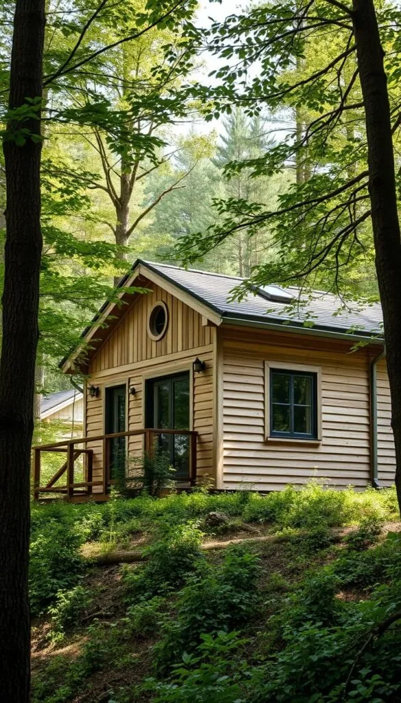 A weathered, natural wood-siding exterior on a Scandinavian-style cabin, nestled amongst the lush, verdant forest. The cabin's clean, minimalist design blends seamlessly with its surroundings, the warm wood tones echoing the earthy hues of the trees and foliage. Soft, diffused natural lighting filters through the canopy, casting gentle shadows and highlighting the cabin's textured, aged siding. The structure sits atop a gently sloping hill, allowing it to appear as an organic extension of the landscape. The overall scene evokes a sense of tranquility, with the cabin harmoniously coexisting within its natural environment.