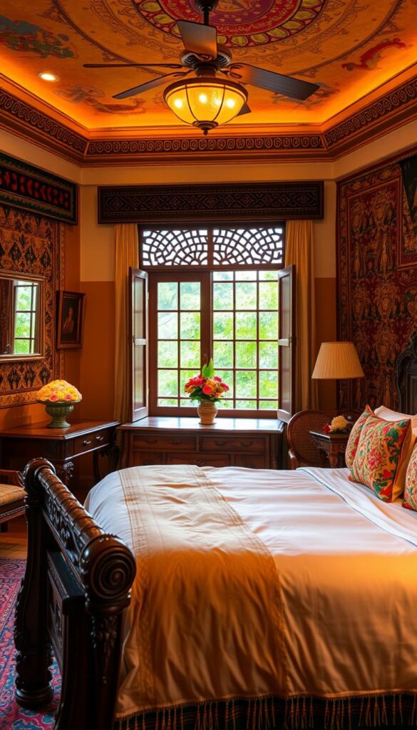 A well-appointed Indian bedroom with ornate wooden furniture, intricate tapestries, and vibrant textiles. Warm ambient lighting casts a golden glow, highlighting the intricate designs and patterns. In the foreground, a large, ornate wooden bed with plush linens and colorful throw pillows. On the walls, hang traditional Indian artwork and mirrors with intricate metal frames. The middle ground features a wooden dresser with delicate carvings and a vase of fresh flowers. The background showcases a window with intricate lattice work, revealing a glimpse of a lush, verdant garden outside. The overall atmosphere is one of serene, inviting comfort, blending traditional Indian design elements with a modern, sophisticated sensibility.