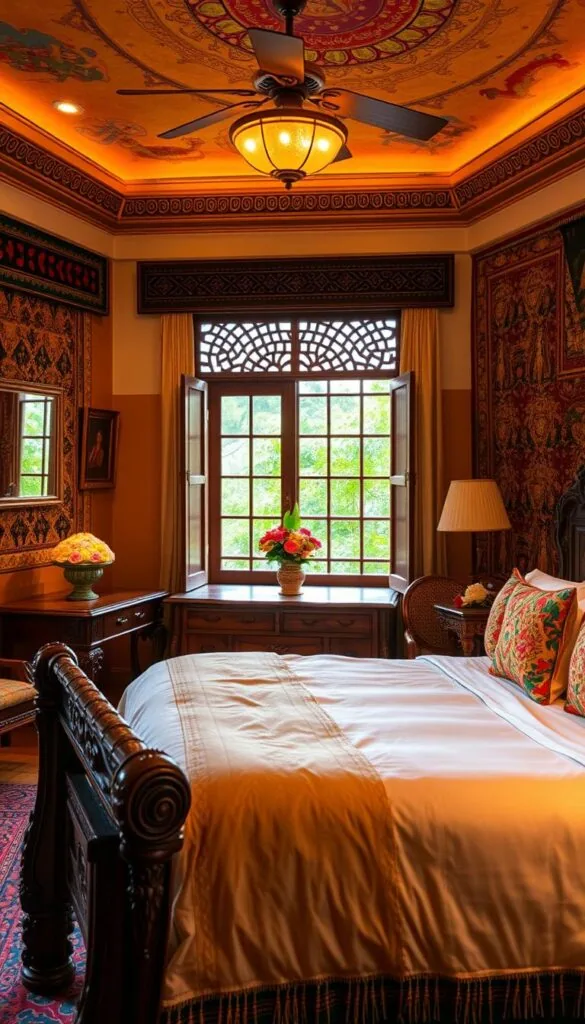 A well-appointed Indian bedroom with ornate wooden furniture, intricate tapestries, and vibrant textiles. Warm ambient lighting casts a golden glow, highlighting the intricate designs and patterns. In the foreground, a large, ornate wooden bed with plush linens and colorful throw pillows. On the walls, hang traditional Indian artwork and mirrors with intricate metal frames. The middle ground features a wooden dresser with delicate carvings and a vase of fresh flowers. The background showcases a window with intricate lattice work, revealing a glimpse of a lush, verdant garden outside. The overall atmosphere is one of serene, inviting comfort, blending traditional Indian design elements with a modern, sophisticated sensibility.