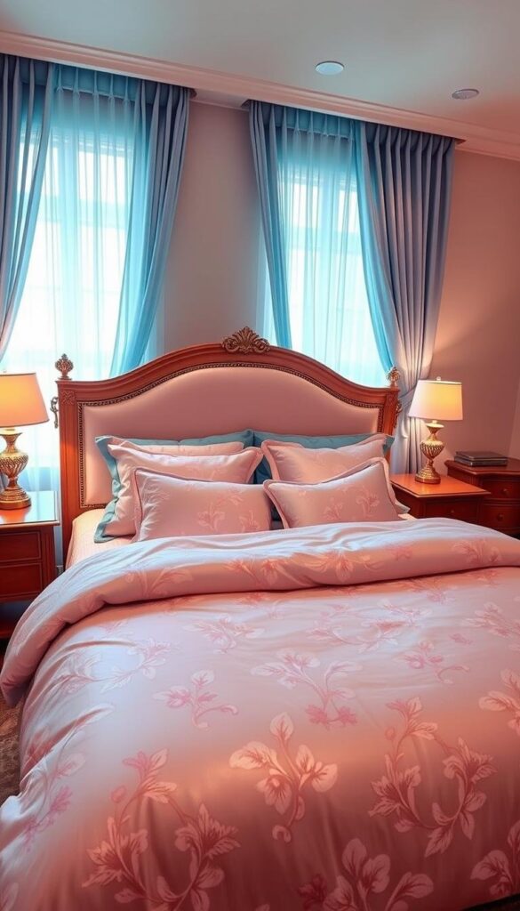A well-appointed bedroom with a plush king-size bed adorned in shimmering pink and blue linens. The luxurious comforter features a delicate floral pattern, complemented by matching throw pillows and a fluffy duvet. Sheer curtains in a soft blue hue gracefully frame the windows, allowing natural light to filter in and create a serene ambiance. Sleek wood furniture, including a dresser and nightstands, provide storage and visual balance. Warm, directional lighting casts a gentle glow, accentuating the harmonious color palette and creating an inviting, cohesive atmosphere.