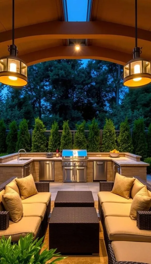 A well-designed outdoor kitchen planning layout, showcasing a spacious cooking area with a centralized grill or smoker surrounded by ample counter space and storage. The scene is bathed in warm, natural lighting from a combination of strategically placed pendant lamps and soft ambient illumination, creating a cozy and inviting atmosphere. In the middle ground, a modular seating arrangement with plush, weather-resistant cushions invites guests to gather and enjoy the culinary experience. In the background, a lush, verdant landscape with mature trees and shrubs frames the scene, blending the kitchen seamlessly into the outdoor environment.