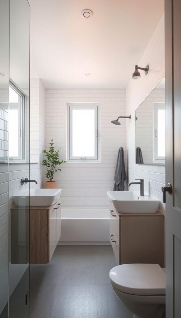 A well-designed small bathroom with modern minimalist fixtures and fittings. The space is filled with natural light streaming through a large window, casting a warm, inviting glow. Sleek white subway tiles line the walls, complemented by muted gray accents and a floating vanity with ample storage. A large mirror expands the sense of space, while a small potted plant adds a touch of greenery. The overall atmosphere is one of calm, zen-like serenity, perfect for a cozy and relaxing bathing experience. A well-designed small bathroom with modern minimalist fixtures and fittings. The space is filled with natural light streaming through a large window, casting a warm, inviting glow. Sleek white subway tiles line the walls, complemented by muted gray accents and a floating vanity with ample storage. A large mirror expands the sense of space, while a small potted plant adds a touch of greenery. The overall atmosphere is one of calm, zen-like serenity, perfect for a cozy and relaxing bathing experience.