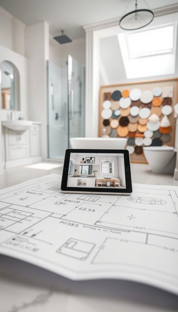 A well-lit, airy bathroom interior with clean, modern fixtures and fittings. The foreground features a detailed blueprint or floor plan for a bathroom remodel, with measurements, sketches, and design notes. In the middle ground, a tablet or laptop displays digital renderings and 3D models of the proposed bathroom layout. The background showcases an inspirational mood board, with carefully curated samples of tiles, finishes, and color swatches. The overall atmosphere conveys a sense of thoughtful planning, attention to detail, and excitement for the upcoming transformation.