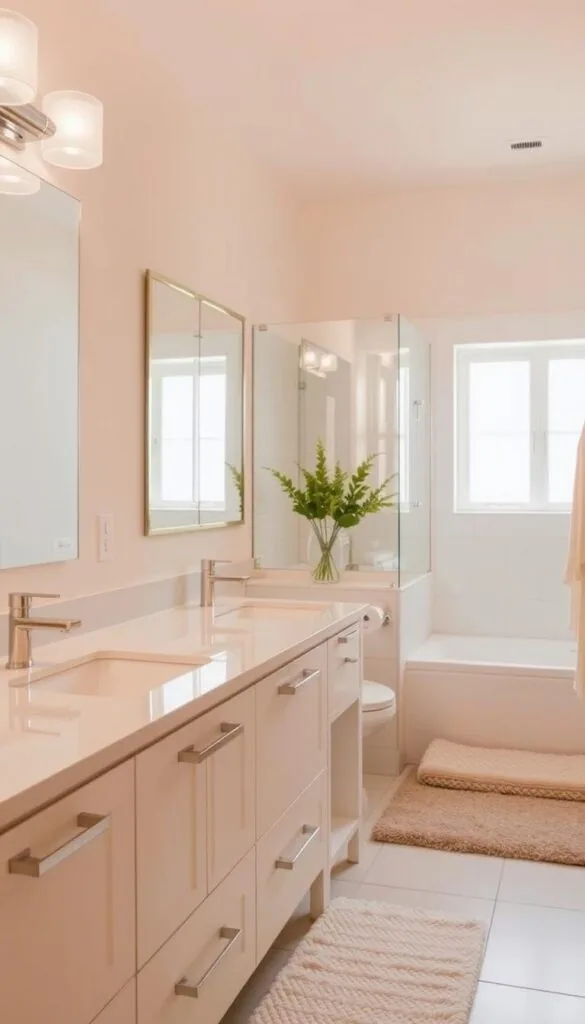 A well-lit and airy bathroom with a warm, summer atmosphere. In the foreground, a sleek, modern vanity with updated chrome lighting fixtures that cast a soft, diffused glow. The middle ground features a large, frameless mirror reflecting the natural light streaming in from the window. In the background, light-colored tiles and a plush, textured bath mat create a soothing, spa-like ambiance. The overall scene conveys a sense of tranquility and refreshment, perfectly capturing the "Simple Summer Bathroom Updates for a Light and Breezy Feel" theme.