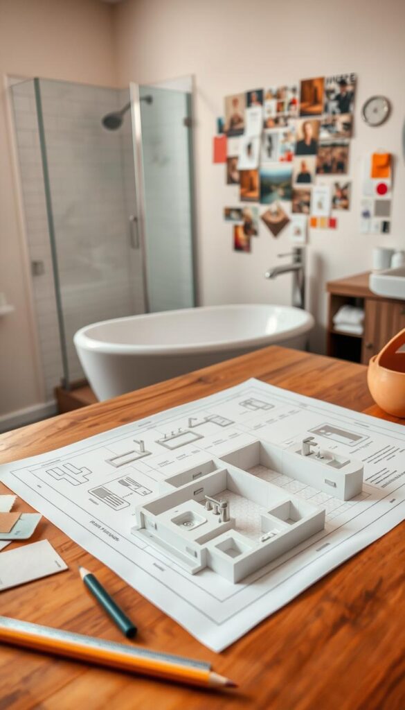 A well-lit and organized bathroom with a detailed floor plan and design sketches laid out on a wooden table. The foreground features various planning tools such as a ruler, pencil, and swatch samples. The middle ground showcases a 3D model of the bathroom layout, with fixtures and finishes highlighted. The background has inspirational mood boards, color palettes, and magazine clippings pinned to a wall, providing a sense of the homeowner's design vision. The overall atmosphere is one of focused, methodical planning, with a touch of creativity and anticipation for the upcoming remodel project. A well-lit and organized bathroom with a detailed floor plan and design sketches laid out on a wooden table. The foreground features various planning tools such as a ruler, pencil, and swatch samples. The middle ground showcases a 3D model of the bathroom layout, with fixtures and finishes highlighted. The background has inspirational mood boards, color palettes, and magazine clippings pinned to a wall, providing a sense of the homeowner's design vision. The overall atmosphere is one of focused, methodical planning, with a touch of creativity and anticipation for the upcoming remodel project.
