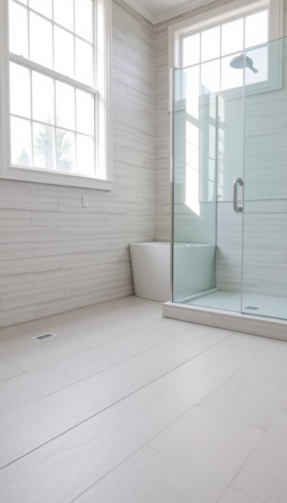 A well-lit and spacious bathroom with large, high-quality tile flooring and walls. The tiles are a neutral, light gray tone with a subtle matte finish, creating a clean and minimalist aesthetic. The tile pattern is a classic subway layout, with slightly staggered horizontal courses. Subtle veining and natural variations in the tile add visual interest and depth. The room is bathed in soft, diffused natural light from large windows, creating a bright and airy atmosphere. The tile extends to the shower area, continuing the cohesive design. Overall, the tile selection and layout create a sense of visual expansion, making the small bathroom feel more open and inviting. A well-lit and spacious bathroom with large, high-quality tile flooring and walls. The tiles are a neutral, light gray tone with a subtle matte finish, creating a clean and minimalist aesthetic. The tile pattern is a classic subway layout, with slightly staggered horizontal courses. Subtle veining and natural variations in the tile add visual interest and depth. The room is bathed in soft, diffused natural light from large windows, creating a bright and airy atmosphere. The tile extends to the shower area, continuing the cohesive design. Overall, the tile selection and layout create a sense of visual expansion, making the small bathroom feel more open and inviting.