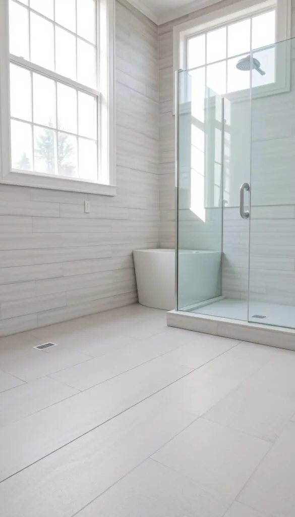 A well-lit and spacious bathroom with large, high-quality tile flooring and walls. The tiles are a neutral, light gray tone with a subtle matte finish, creating a clean and minimalist aesthetic. The tile pattern is a classic subway layout, with slightly staggered horizontal courses. Subtle veining and natural variations in the tile add visual interest and depth. The room is bathed in soft, diffused natural light from large windows, creating a bright and airy atmosphere. The tile extends to the shower area, continuing the cohesive design. Overall, the tile selection and layout create a sense of visual expansion, making the small bathroom feel more open and inviting.