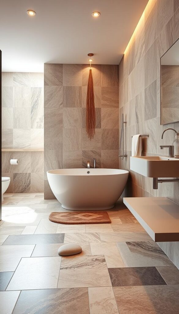 A well-lit bathroom interior featuring an elegant tile selection displayed on the floor and walls. The tiles are arranged in a visually appealing pattern, showcasing a variety of textures, colors, and shapes that seamlessly blend together to create a cohesive, high-end aesthetic. The lighting, both natural and artificial, casts a warm and inviting glow, accentuating the intricate details of the tiles. The overall composition emphasizes the thoughtful and intentional design choices, making the space feel both luxurious and comfortable. The image captures the essence of transforming a bathroom into a cozy and inviting space through the careful selection of tiles.