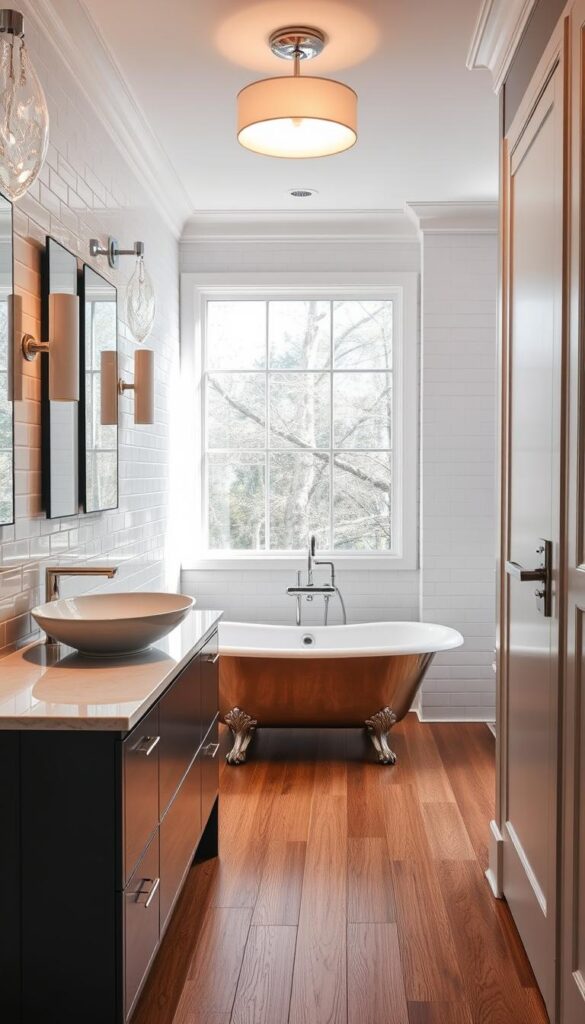 A well-lit bathroom interior showcasing an array of high-quality materials and surfaces. In the foreground, gleaming subway tiles in a soft gray hue line the walls, complemented by a sleek, minimalist vanity topped with a smooth, polished marble countertop. Resting atop the vanity is a rectangular vessel sink crafted from lustrous porcelain. Overhead, a modern lighting fixture casts a warm, ambient glow, illuminating the space. In the middle ground, a freestanding claw-foot bathtub takes center stage, its gleaming chrome hardware and elegant silhouette reflecting the luxurious atmosphere. The background features a large window, allowing natural light to flood the room and highlighting the rich, wood-grain texture of the flooring.