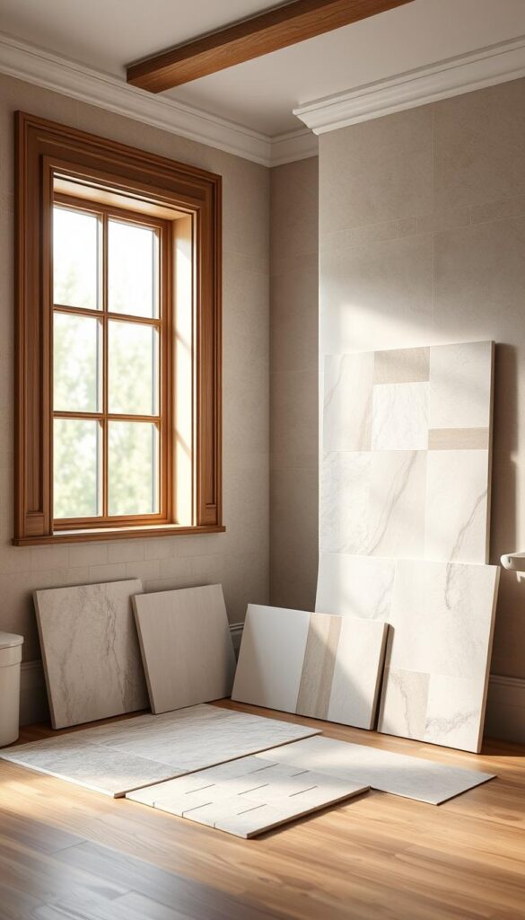 A well-lit bathroom interior with a selection of high-quality tiles displayed on a wooden surface. The tiles showcase a variety of textures, patterns, and colors, including classic subway tiles, natural stone, and modern, minimalist designs. The tiles are arranged in an aesthetically pleasing layout, allowing the viewer to envision how they would look in a real bathroom setting. The image has a warm, inviting atmosphere, with soft, natural lighting filtering in through a window, casting a gentle glow on the tiles. The overall composition emphasizes the importance of tile selection in creating a cohesive and visually appealing bathroom space. A well-lit bathroom interior with a selection of high-quality tiles displayed on a wooden surface. The tiles showcase a variety of textures, patterns, and colors, including classic subway tiles, natural stone, and modern, minimalist designs. The tiles are arranged in an aesthetically pleasing layout, allowing the viewer to envision how they would look in a real bathroom setting. The image has a warm, inviting atmosphere, with soft, natural lighting filtering in through a window, casting a gentle glow on the tiles. The overall composition emphasizes the importance of tile selection in creating a cohesive and visually appealing bathroom space.