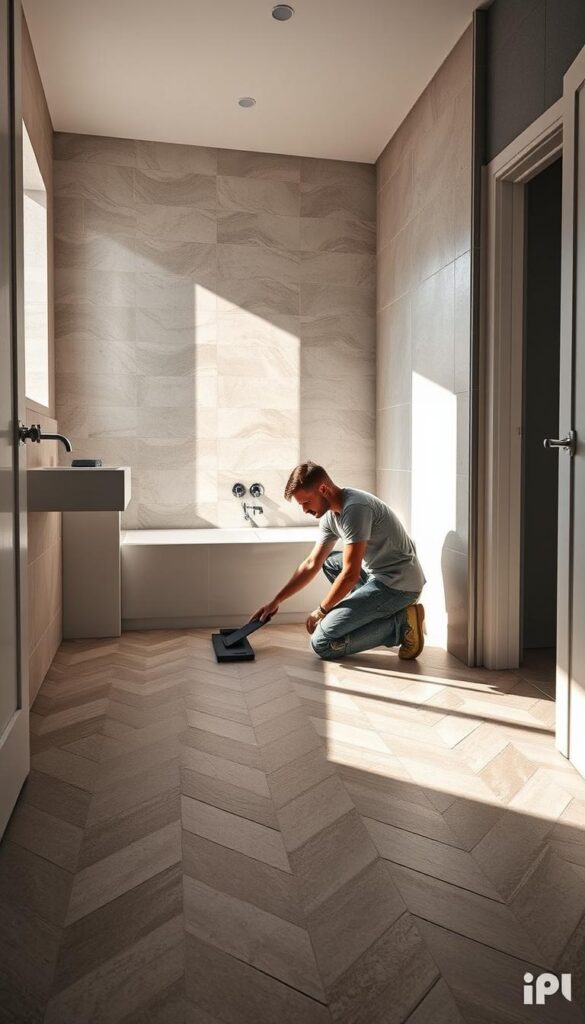 A well-lit bathroom interior with a tile installation in progress. A tiler carefully laying out large, high-quality porcelain tiles in a herringbone pattern on the floor. The tiles have a natural stone-like texture and muted, earthy colors that complement the bathroom's minimalist design. The tiler wears knee pads and uses a tile cutter and rubber grout float to ensure a precise, professional finish. Soft shadows cast by the overhead lighting create depth and dimension. The scene conveys a sense of expertise, care, and the satisfying process of creating a beautiful, functional bathroom. A well-lit bathroom interior with a tile installation in progress. A tiler carefully laying out large, high-quality porcelain tiles in a herringbone pattern on the floor. The tiles have a natural stone-like texture and muted, earthy colors that complement the bathroom's minimalist design. The tiler wears knee pads and uses a tile cutter and rubber grout float to ensure a precise, professional finish. Soft shadows cast by the overhead lighting create depth and dimension. The scene conveys a sense of expertise, care, and the satisfying process of creating a beautiful, functional bathroom.
