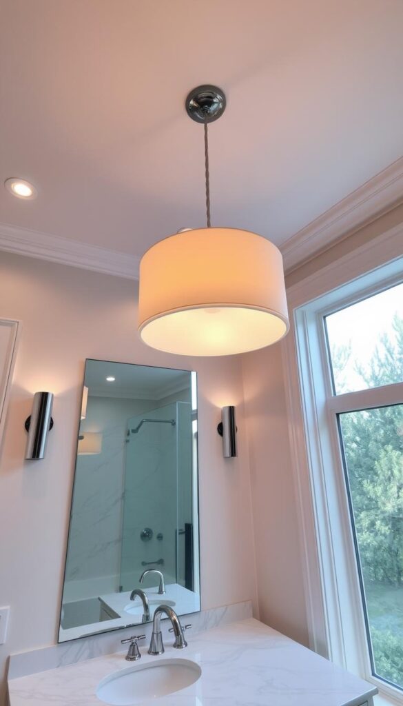 A well-lit bathroom with a stunning pendant light fixture hanging above a sleek vanity. The light casts a warm, inviting glow, illuminating the luxurious marble countertop and modern chrome fixtures. Recessed ceiling lights bathe the room in a soft, even light, while wall sconces provide subtle accent lighting. The large window allows natural daylight to stream in, creating a bright and airy atmosphere. The overall lighting design is both functional and aesthetically pleasing, elevating the entire bathroom interior.