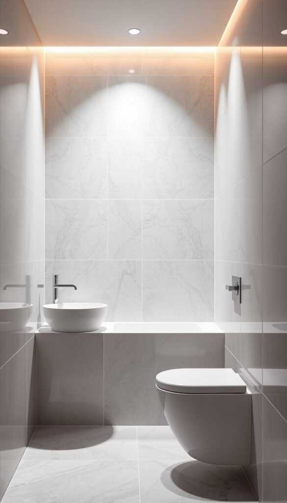 A well-lit bathroom with sleek, modern wall tiles in a soothing color palette. The tiles are arranged in a geometric pattern, creating a visually striking and harmonious composition. The tiles have a subtle texture that catches the light, adding depth and visual interest. The lighting is soft and indirect, creating a warm, inviting atmosphere. The tiles extend from the floor to the ceiling, creating a seamless, cohesive look. The overall scene conveys a sense of tranquility and relaxation, perfectly complementing the article's focus on transformative bathroom tile designs.