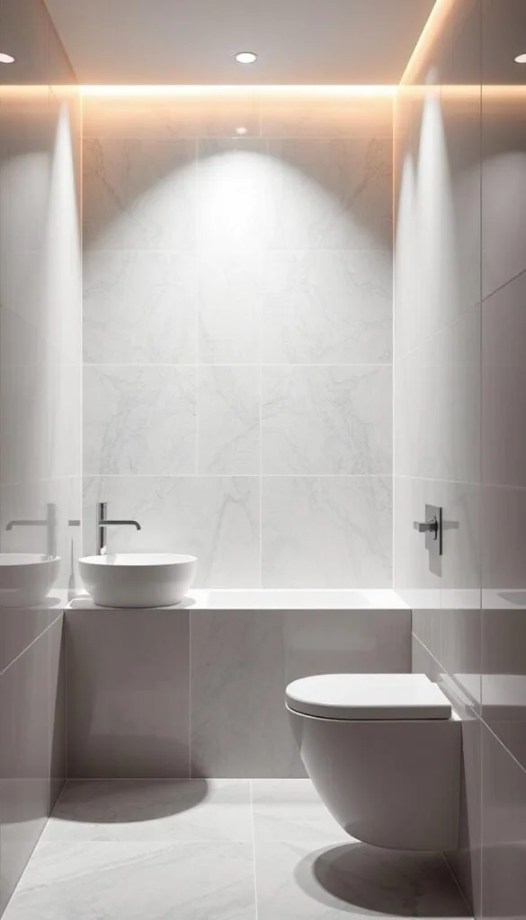 A well-lit bathroom with sleek, modern wall tiles in a soothing color palette. The tiles are arranged in a geometric pattern, creating a visually striking and harmonious composition. The tiles have a subtle texture that catches the light, adding depth and visual interest. The lighting is soft and indirect, creating a warm, inviting atmosphere. The tiles extend from the floor to the ceiling, creating a seamless, cohesive look. The overall scene conveys a sense of tranquility and relaxation, perfectly complementing the article's focus on transformative bathroom tile designs.