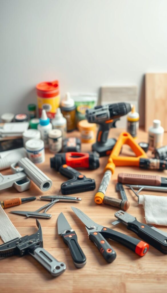 A well-lit, close-up shot of an assortment of DIY bathroom remodeling tools arranged neatly on a plain wooden surface. In the foreground, a variety of hand tools such as a caulk gun, putty knife, utility knife, and sandpaper. In the middle ground, power tools like a cordless drill, oscillating multi-tool, and drywall saw. In the background, a selection of essential materials like caulk, sealant, grout, and tiles. The lighting is soft and diffused, creating a warm, inviting atmosphere. The overall composition is clean, organized, and showcases the essential items needed for a successful DIY bathroom remodel. A well-lit, close-up shot of an assortment of DIY bathroom remodeling tools arranged neatly on a plain wooden surface. In the foreground, a variety of hand tools such as a caulk gun, putty knife, utility knife, and sandpaper. In the middle ground, power tools like a cordless drill, oscillating multi-tool, and drywall saw. In the background, a selection of essential materials like caulk, sealant, grout, and tiles. The lighting is soft and diffused, creating a warm, inviting atmosphere. The overall composition is clean, organized, and showcases the essential items needed for a successful DIY bathroom remodel.