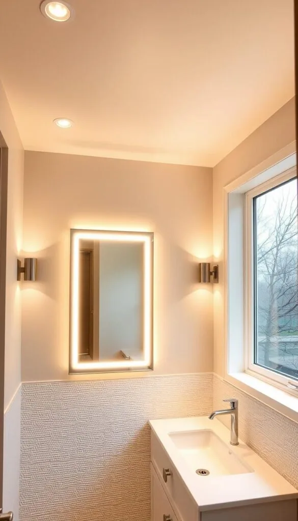 A well-lit guest bathroom with a modern, minimalist design. The room is bathed in a warm, ambient glow from recessed ceiling lights, creating a cozy and inviting atmosphere. The vanity area features a sleek, backlit mirror that casts a soft, even light across the countertop. Sconces on the walls provide additional illumination, highlighting the textured tiles and adding depth to the space. Large windows allow natural light to filter in, creating a bright and airy feel. The overall lighting scheme is designed to be both functional and visually appealing, perfectly complementing the guest bathroom's elegant and refined aesthetic.