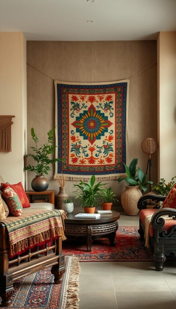 A well-lit, harmonious living room scene showcasing cultural appreciation through ethnic design. In the foreground, intricate handwoven textiles, carved wooden furniture, and ornate metal accents create a warm, inviting ambiance. The middle ground features a vibrant tapestry depicting a traditional folk art motif, complemented by potted plants and natural fiber decor. The background subtly blends earthy tones, textured walls, and soft, diffused lighting, evoking a sense of cultural authenticity. The overall composition strikes a balance between modern and ancestral design elements, inspiring thoughtful, culturally-mindful interior styling.