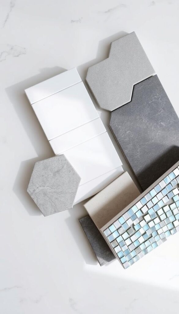 A well-lit, high-angle view of a variety of bathroom tile materials arranged artfully on a clean, neutral surface. The tiles include glossy subway tiles in classic white, matte gray hexagonal tiles, natural stone tiles with subtle veining, and iridescent mosaic tiles in shimmering blues and greens. The tiles are positioned to showcase their unique textures, patterns, and colors, creating an inviting and aspirational display. The lighting is soft and diffused, highlighting the depth and nuance of each material. The overall mood is one of serene sophistication, hinting at the transformative potential of these tiles to elevate a bathroom space.