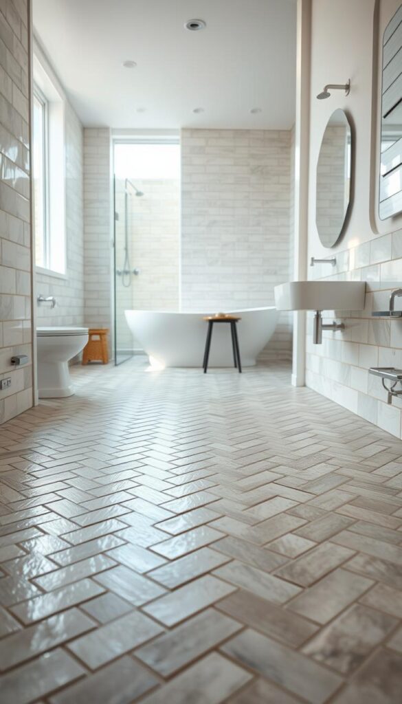 A well-lit, high-resolution bathroom interior with a focus on the tile installation process. The foreground showcases a tiled floor with intricate herringbone or subway patterns, the tiles glistening with a subtle sheen. The middle ground features a partially tiled wall, exposing the installation steps - troweling adhesive, laying tiles, and grouting. The background reveals a modern, minimalist bathroom design with clean lines, natural lighting, and a sense of tranquility. The overall mood is one of professionalism, attention to detail, and a commitment to creating a beautiful, long-lasting bathroom space.