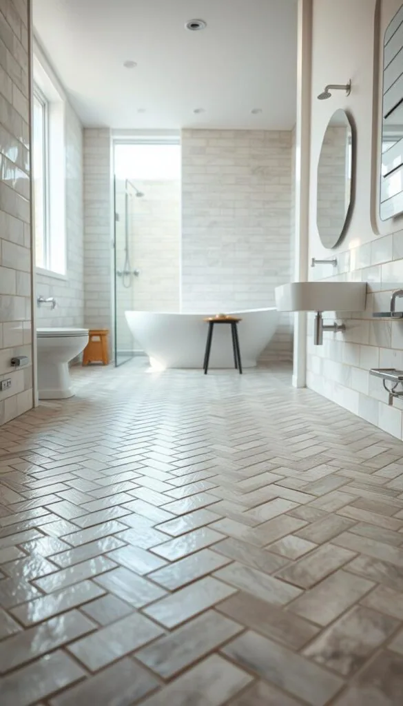 A well-lit, high-resolution bathroom interior with a focus on the tile installation process. The foreground showcases a tiled floor with intricate herringbone or subway patterns, the tiles glistening with a subtle sheen. The middle ground features a partially tiled wall, exposing the installation steps - troweling adhesive, laying tiles, and grouting. The background reveals a modern, minimalist bathroom design with clean lines, natural lighting, and a sense of tranquility. The overall mood is one of professionalism, attention to detail, and a commitment to creating a beautiful, long-lasting bathroom space.