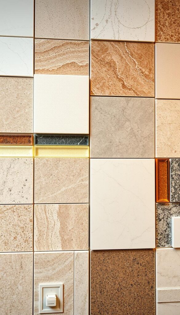 A well-lit, high-resolution close-up photograph of various bathroom tile materials, including ceramic, porcelain, natural stone, and glass tiles. The tiles are arranged in an organized display, showcasing their diverse textures, colors, and patterns. The lighting is soft and diffused, highlighting the nuances and sheen of the tile surfaces. The camera angle is slightly elevated, providing a comprehensive view of the tiles while maintaining a clean, professional appearance. The background is subtly blurred, keeping the focus on the tiles and their unique properties. A well-lit, high-resolution close-up photograph of various bathroom tile materials, including ceramic, porcelain, natural stone, and glass tiles. The tiles are arranged in an organized display, showcasing their diverse textures, colors, and patterns. The lighting is soft and diffused, highlighting the nuances and sheen of the tile surfaces. The camera angle is slightly elevated, providing a comprehensive view of the tiles while maintaining a clean, professional appearance. The background is subtly blurred, keeping the focus on the tiles and their unique properties.